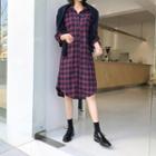 Rounded-hem Cotton Plaid Shirtdress Navy Blue - One Size