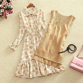 Set: Flower Print Long-sleeve Dress + V-neck Knitted Vest