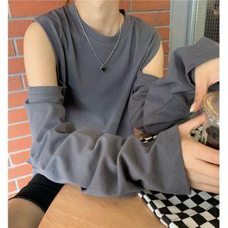 Long-sleeve Cold-shoulder Plain Loose-fit Top