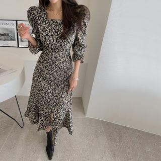 Puff-sleeve Tie-back Flared Floral Long Dress