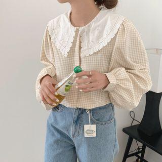 Long-sleeve Check Eyelet Lace Blouse