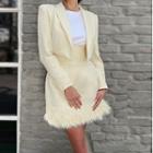 Set: Cropped Blazer + Fluffy Trim Mini Pencil Skirt