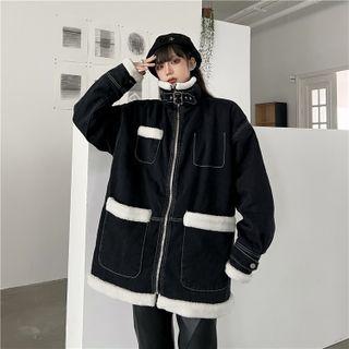 Fleece Trim Zip-up Denim Jacket Black - One Size