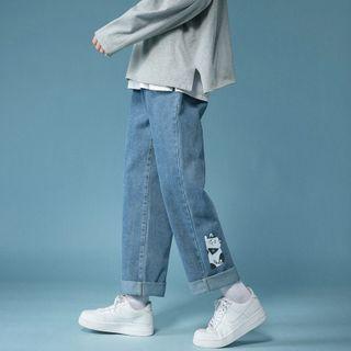 Cat Print Cropped Straight Leg Jeans