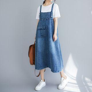 Denim A-line Midi Pinafore Dress Blue - One Size