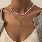 Set Of 3: Mushroom Necklace + Beaded Flower Necklace + Chain Choker Set Of 3 - 2296 - Gold - One Size