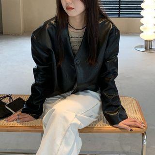 Single-breasted Faux Leather Jacket Black - One Size