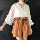 Set: V-neck 3/4-sleeve Chiffon Blouse + Wide Leg Shorts
