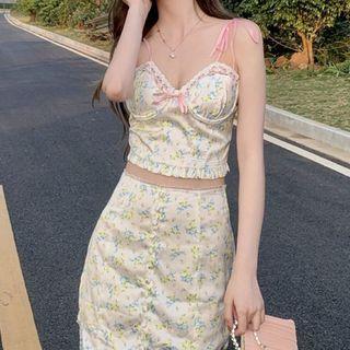 Spaghetti Strap Floral Print Top / Mini A-line Skirt