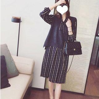 Set: Striped Long-sleeve Midi A-line Dress + Knit Vest