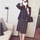 Set: Striped Long-sleeve Midi A-line Dress + Knit Vest