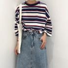Striped 3/4-sleeve Oversize T-shirt / Denim Midi A-line Skirt
