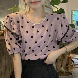 Ruffled Dotted Chiffon Blouse Dot - Black - One Size