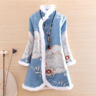 Long-sleeve Print Fluffy Trim Midi A-line Qipao Dress