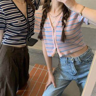 Short-sleeve Striped Zip Cropped Top