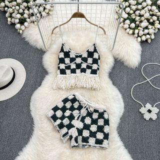 Set: Tassel Check Camisole + Wide Leg Shorts