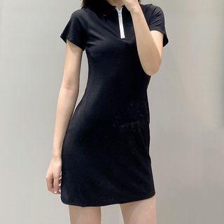 Short-sleeve Zip Neck A-line Dress