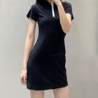 Short-sleeve Zip Neck A-line Dress