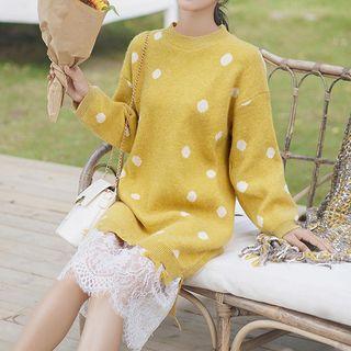 Lace Panel Dotted Long-sleeve Knit Dress