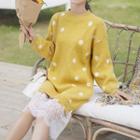 Lace Panel Dotted Long-sleeve Knit Dress