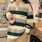 Letter Embroidered Striped Polo Sweatshirt
