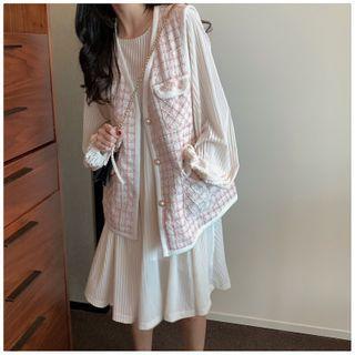Long-sleeve Shift Dress / Plaid Vest