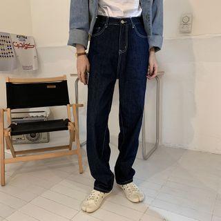 High-waist Contrast Stitching Straight-cut Jeans