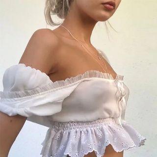 Off-shoulder Eyelet Lace Trim Crop Top