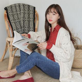 Wool Blend Long Pointelle-knit Cardigan