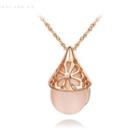 Cat Eye Stone Perforated Flower Pendant Necklace Rose Gold - One Size