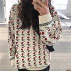 Rose-print Hooded Knit Sweater As Shown In Figure - One Size