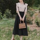 Set: Elbow-sleeve Chiffon Blouse + Dotted Midi Suspender Skirt