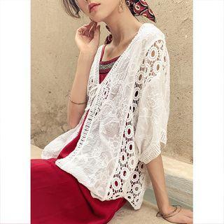 Eyelet Elbow-sleeve Open-front Jacket White - One Size