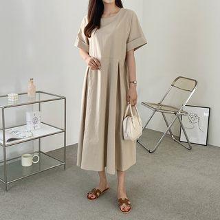 Rollup-sleeve Pleated Maxi Dress