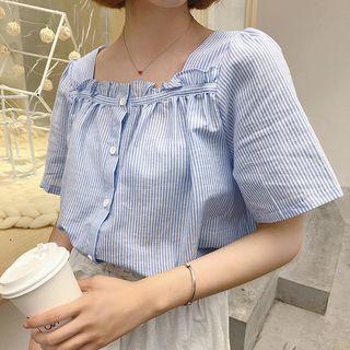 Pinstripe Square Neck Short-sleeve Blouse