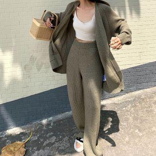 Tie-waist Open Front Cardigan / Knit Wide-leg Pants
