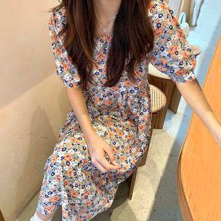 Short-sleeve Floral Print A-line Dress Orange Pink - One Size