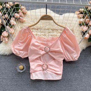 Square-neck Bow Puff-sleeve Top