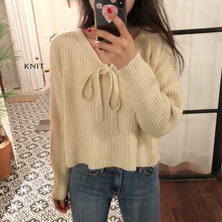 V-neck Ribbon Accent Knit Top White - One Size