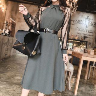Mesh Panel Long-sleeve Midi Dress