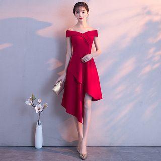 Short-sleeve Off Shoulder Asymmetric A-line Party Dress