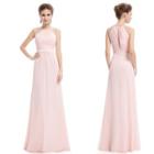 Faux Pearl Mesh Panel Sleeveless A-line Evening Gown