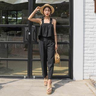 Set: Sleeveless A-line Top + Wide-leg Linen Pants