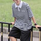 Short-sleeve Polo Collar Stripe Loose Fit T-shirt