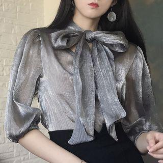 Elbow-sleeve Tie-neck Organza Blouse