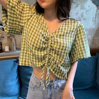 Elbow-sleeve Drawstring Gingham Blouse