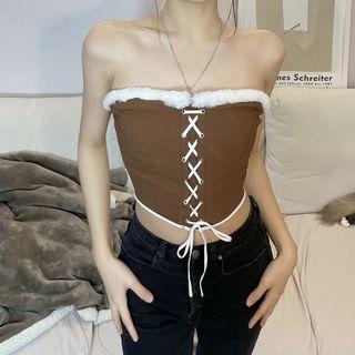 Strapless Fleece Trim Lace-up Crop Top