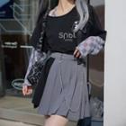 Mock Two-piece Long-sleeve Checkerboard T-shirt / Chained Pleated Mini Skirt