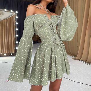 Cross-strap Bell Sleeve Dotted Lace-up Mini Dress