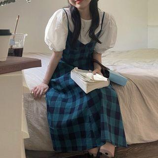 Puff-sleeve Blouse / Spaghetti Strap Gingham Midi A-line Dress